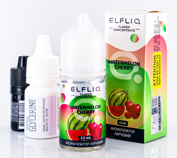 Рідина Elf Bar ElfLiq Salt Watermelon Cherry 30ml 50mg від ELF BAR (оригінал, набір компонентів) зі смаком кавуна і вишні Рідина Elf Bar ElfLiq Salt Watermelon Cherry 30ml 50mg від ELF BAR (оригінал, набір компонентів) зі смаком кавуна і вишні