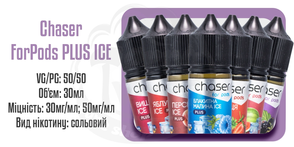 Параметри рідини на сольовому нікотині Chaser For Pods Plus Ice 30ml