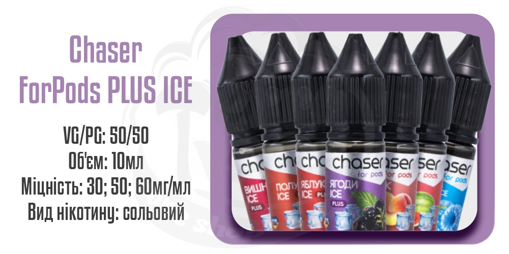 Параметри рідини на сольовому нікотині Chaser For Pods Plus Salt Ice 10ml