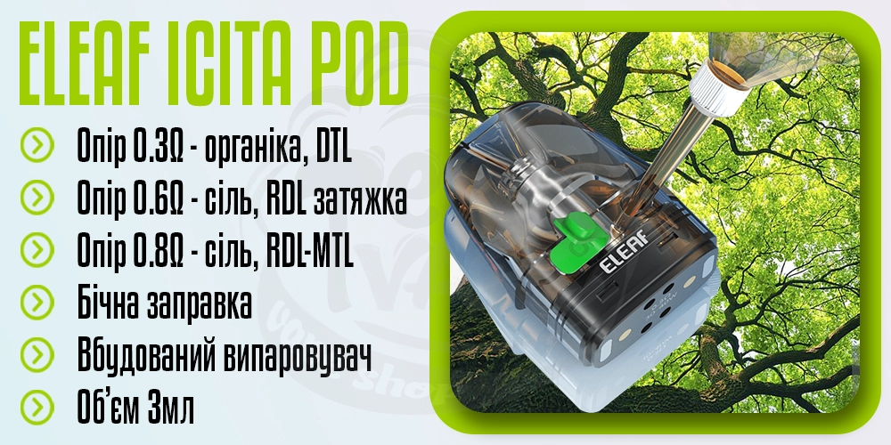 Основні параметри картриджа Eleaf iCita Pod Cartridge